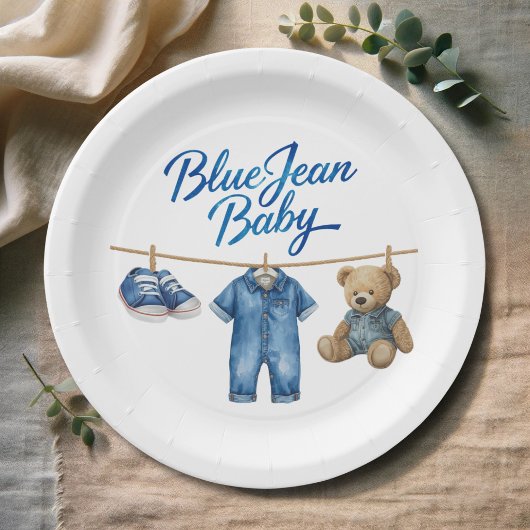 Denim Bear Clothesline Boy Blue Jean Baby Shower Pappteller
