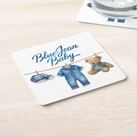 Denim Bear Clothesline Boy Blue Jean Baby Shower Rechteckiger Pappuntersetzer (angewinkelt)