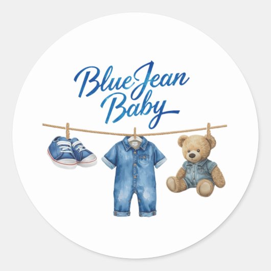 Denim Bear Clothesline Boy Blue Jean Baby Shower Runder Aufkleber (Vorderseite)
