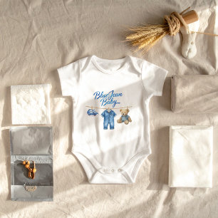 Denim Bear Clothesline Boy Blue Jean Baby Shower Strampler