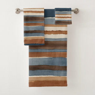 Denim-Blau-Rost und braune Streifen Badhandtuch Set