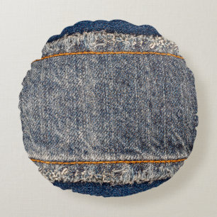 Denim blauen Jeans Stoff Rahmen. Blechdichtfabrik Rundes Kissen