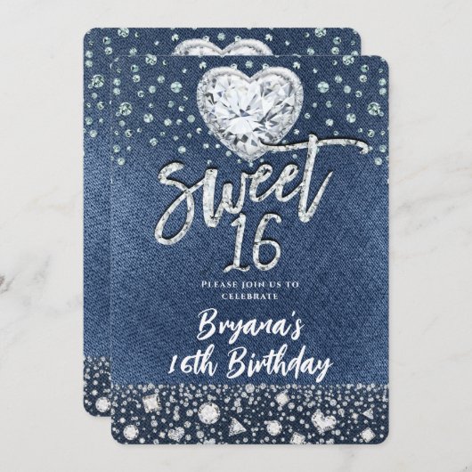 Denim & Bling Diamonds Sweet 16 Birthday Party Einladung (Vorne/Hinten)