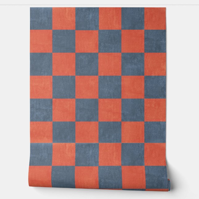 Denim Blue and Red Square Check Retro Style Tapete (Abrollen)