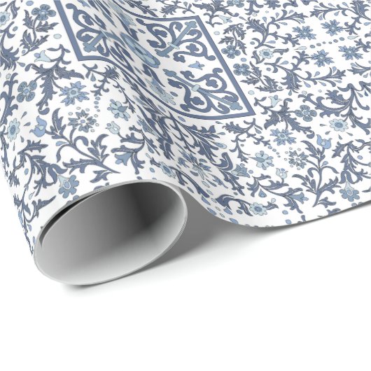 Denim Blue Floral Geschenkpapier (Rolleneckpunkt)
