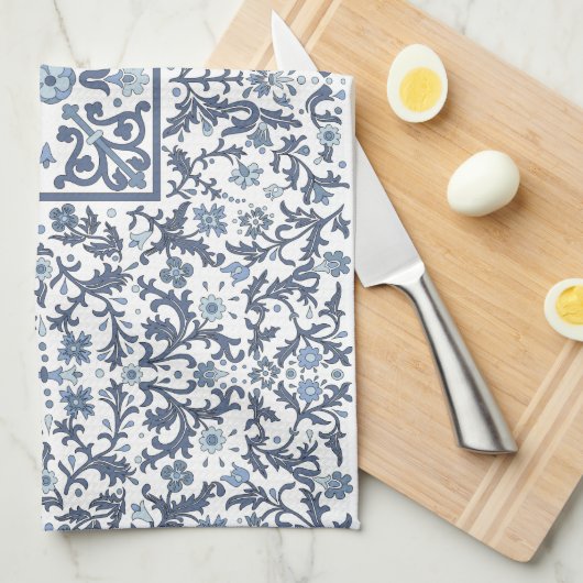 Denim Blue Floral Geschirrtuch (Viertel Falte)