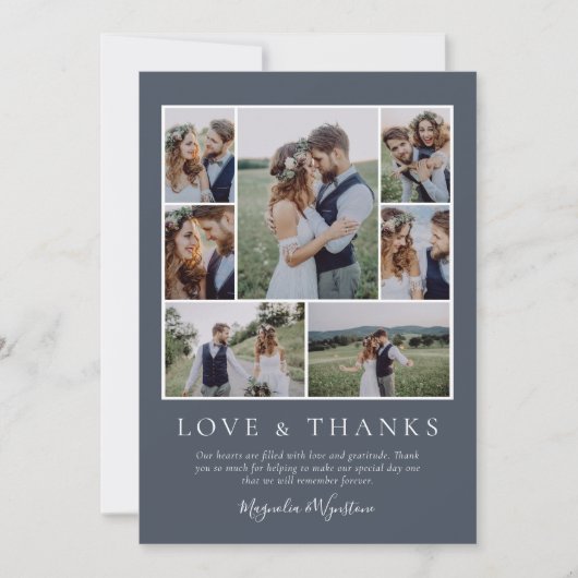 Denim Blue Foto Collage Liebe und Dank Hochzeit Dankeskarte (Vorderseite)