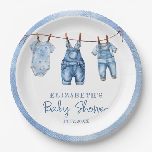 Denim Blue Jean Baby Boy Baby Shower Pappteller (Vorderseite)