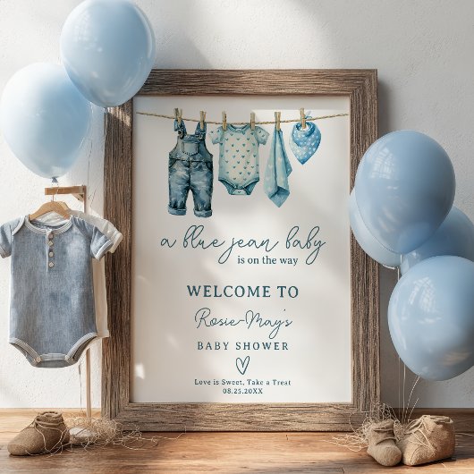 Denim Blue Jean Clothesline Baby Dusche Willkommen Poster