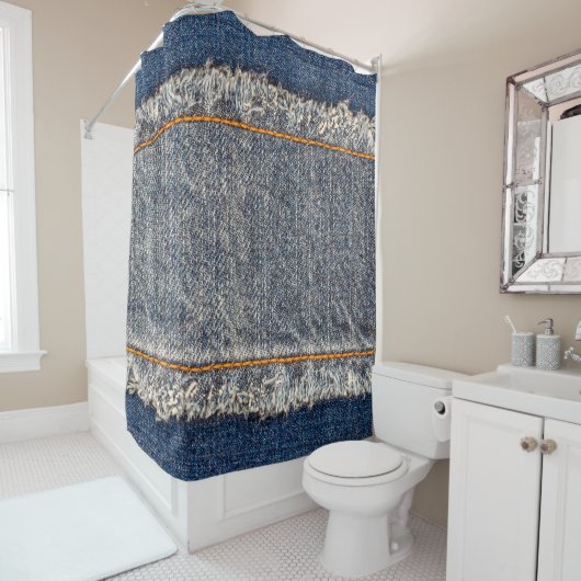 Denim blue jeans fabric frame. Bleached denim fabr Duschvorhang (Beispiel)