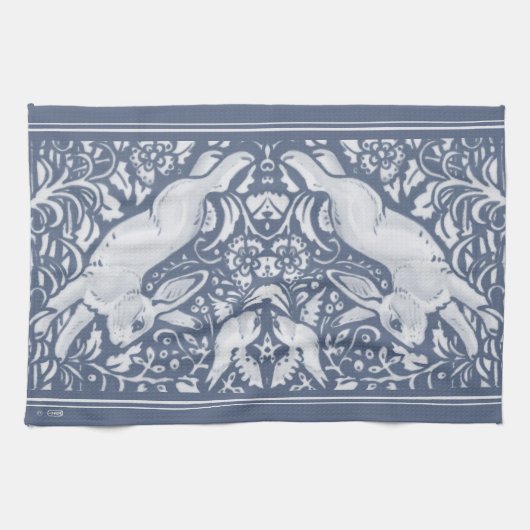Denim Blue Leaping Rabbit Bird Floral Woodland Kit Geschirrtuch (Horizontal)