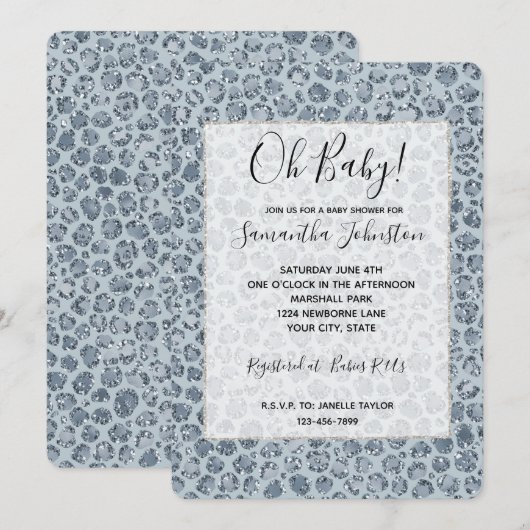 Denim Blue Leopard Print Glitzer Einladung (Vorne/Hinten)