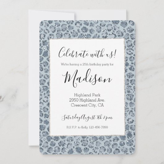 Denim Blue Leopard Print Glitzer Einladung (Vorderseite)