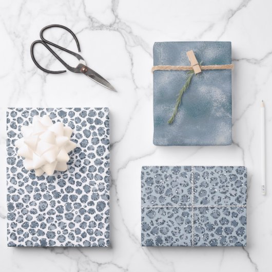 Denim Blue Leopard Print Glitzer Geschenkpapier Set (Vorderseite)