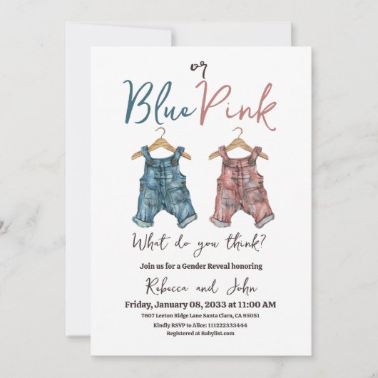Denim BLue oder Pink Clothesline Gender Reveal Einladung (Vorderseite)