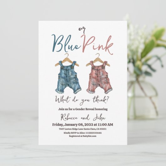Denim BLue oder Pink Clothesline Gender Reveal Einladung (Stehend Vorderseite)