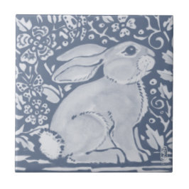 Denim Blue Plump Bunny Rabbit Floral Dedham Delft Fliese