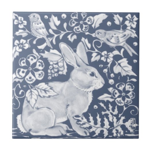 Denim Blue Rabbit Bunny Birds Floral Dedham Delft Fliese (Vorderseite)