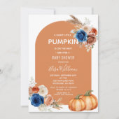 Denim Blue Rust Orange Pumpkin Floral Baby Dusche Einladung (Vorderseite)