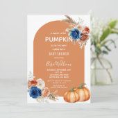 Denim Blue Rust Orange Pumpkin Floral Baby Dusche Einladung (Stehend Vorderseite)