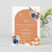 Denim Blue Rust Orange Pumpkin Gender Reveal Einladung (Stehend Vorderseite)