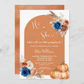 Denim Blue Rust Orange Pumpkin Gender Reveal Einladung (Vorne/Hinten)