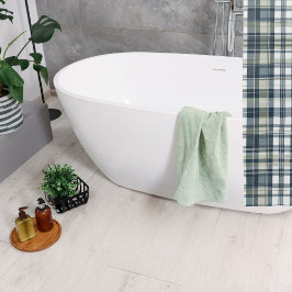 Denim Blue Sage Green White Kariert Duschvorhang