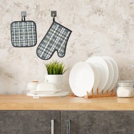 Denim Blue Sage Green White Kariert Ofenhandschuh & Topflappen-Set