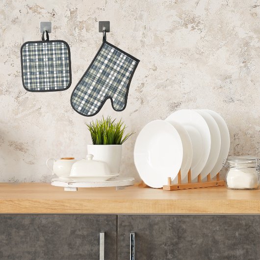 Denim Blue Sage Green White Kariert Ofenhandschuh & Topflappen-Set