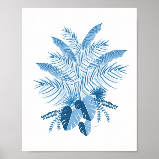 Denim Blue Tropical Blätter Poster (Vorne)