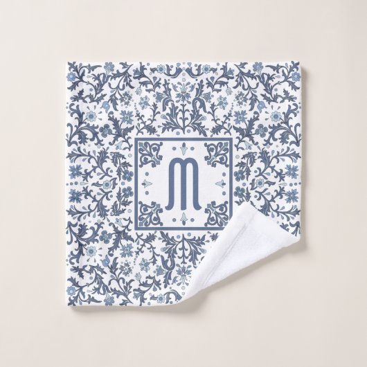 Denim Blue Verziert Monogram Badhandtuch Set (Waschlappen)