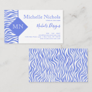 Denim Blue Watercolor Zebra Print   Monogramm Visitenkarte