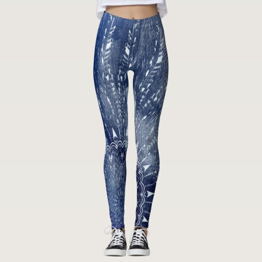 Denim Blue & White Mandala Mix Design Leggings (Vorderseite)
