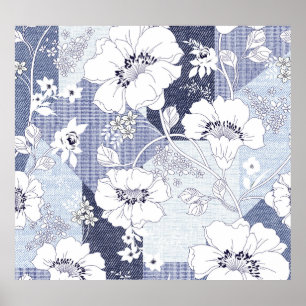 Denim Blume Patchwork, nahtlos Muster. Poster