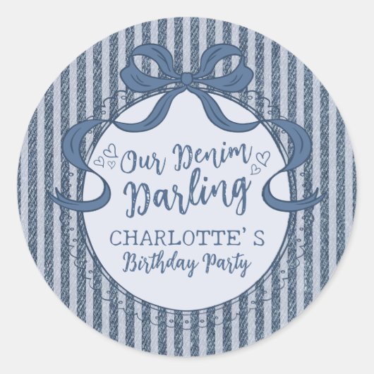 Denim Coquette Bow Blue Jean Birthday Party Runder Aufkleber (Vorderseite)