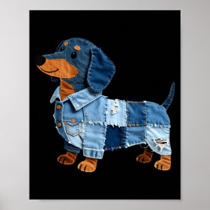 Denim-Dachshund-Hund-Patchwork-Welpe-Vintage-Art Poster