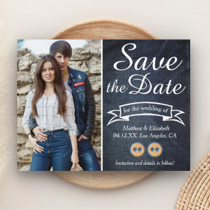 Denim der blaue Jeans-Paar- , das Save the Date Ankündigungspostkarte