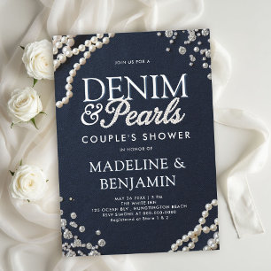 Denim-Diamanten-Perlen Blaue Rustikale Hochzeitssh Einladung