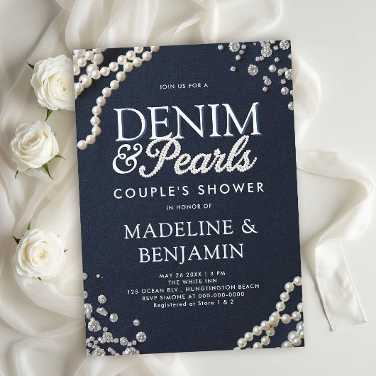 Denim-Diamanten-Perlen Blaue Rustikale Hochzeitssh Einladung