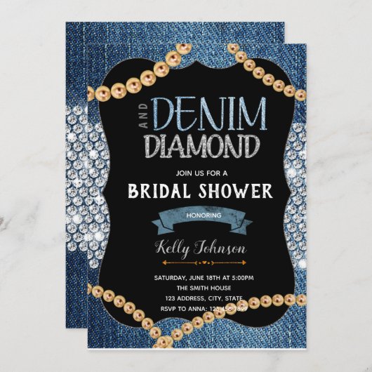 Denim Diamanten und Goldperlen Einladung (Vorne/Hinten)
