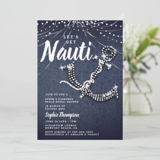 Denim Diamond Anchor Beach Lights Brautparty Einladung (Stehend Vorderseite)