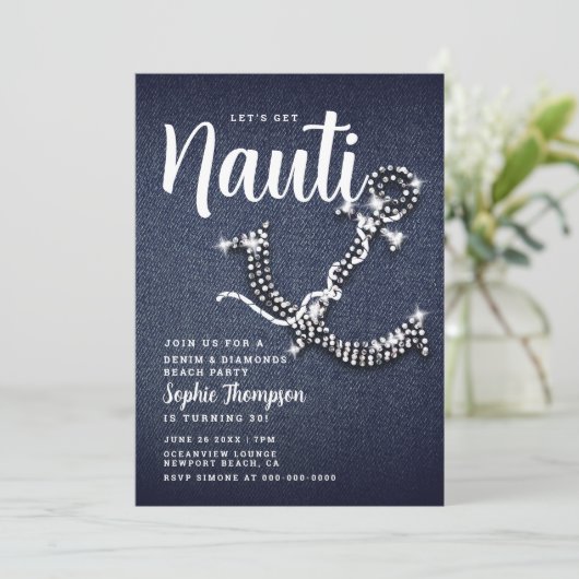 Denim Diamond Anchor Get Nauti Birthday Party Einladung (Stehend Vorderseite)
