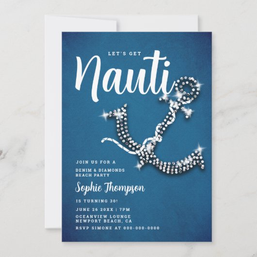 Denim Diamond Anchor Nauti Blue Birthday Party Einladung (Vorderseite)