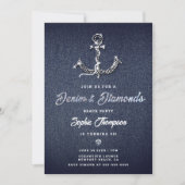 Denim Diamond Bling Anchor Nautical Birthday Party Einladung (Vorderseite)