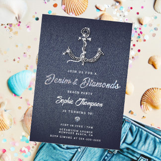 Denim Diamond Bling Anchor Nautical Birthday Party Einladung