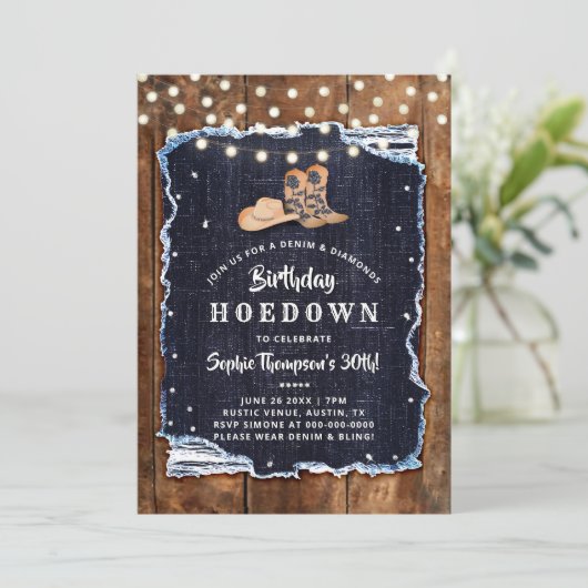 Denim Diamond Cowgirl Blue Rustic Hoedown Geburtst Einladung (Stehend Vorderseite)