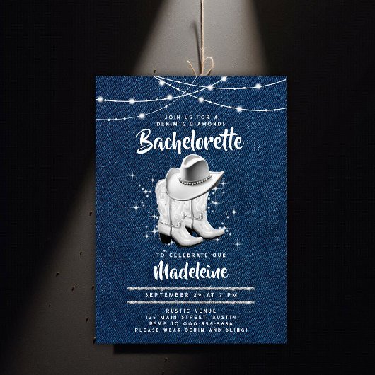 Denim Diamond Cowgirl Hat Boots Chic Bachelorette Einladung