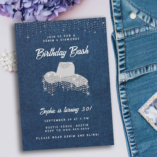 Denim Diamond Cowgirl Hat Kristall 30. Geburtstag Einladung