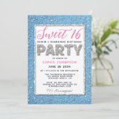 Denim Diamond Glitzer Rahmen Sweet 16 Party Pink Einladung (Stehend Vorderseite)