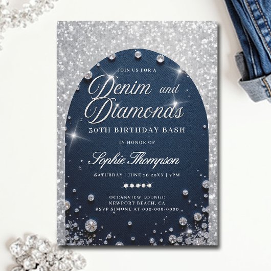 Denim Diamonds Arch Bling 30. Geburtstag Party Einladung